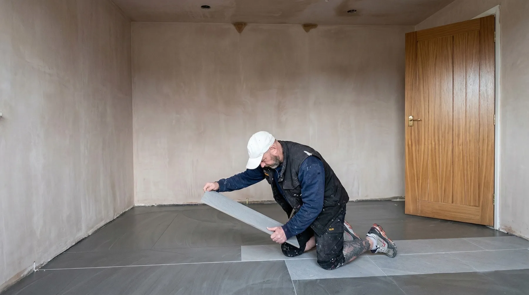 LVT tile-effect flooring being laid across the new kitchen floor